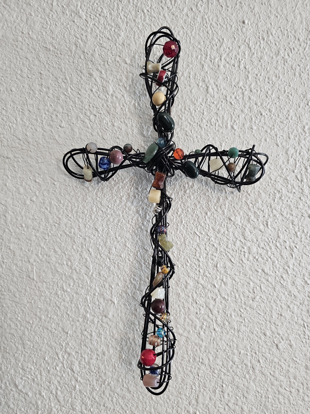 Handcrafted Black Wire Cross Wall Decor with Multicolor Beads
